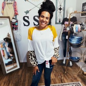 Mustard and White Knot Top with leopard sleeves